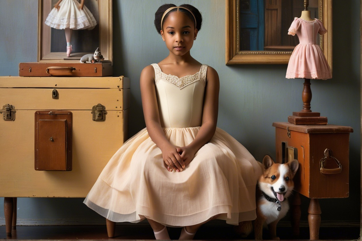 Young girl in pink dress with corgi and vintage decor