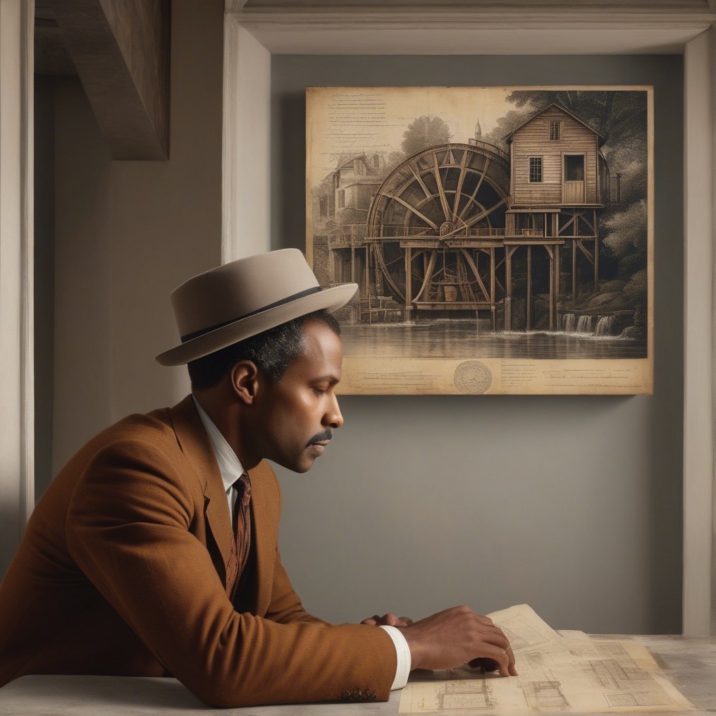 Well-Dressed Man Studying Blueprint with Artwork Background