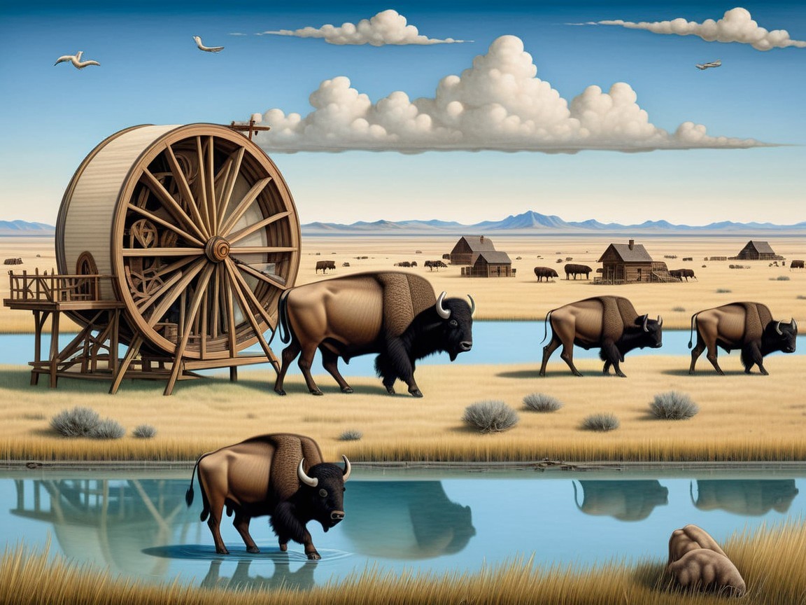 Bison Grazing by Water with Rustic Structures and Mountains