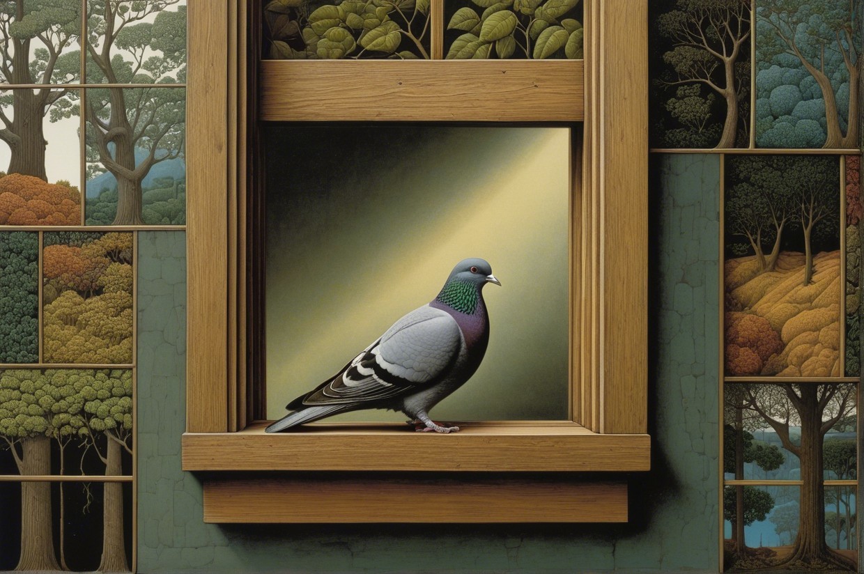 Realistic Pigeon on Wooden Sill with Vibrant Backdrop