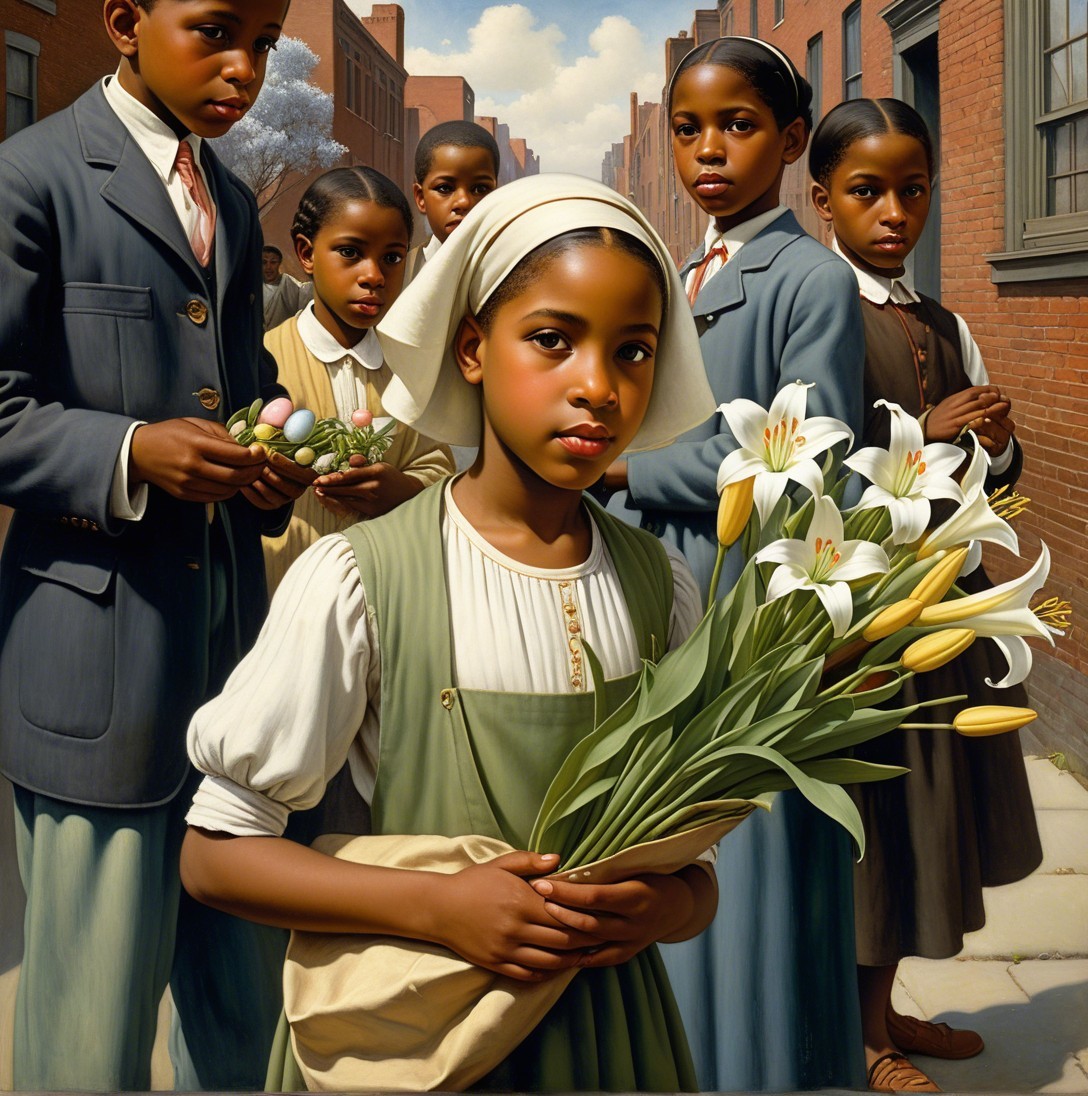 Black Children in City Setting with White Lilies