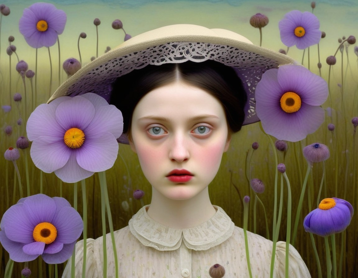 Young girl in lace hat amidst purple flowers