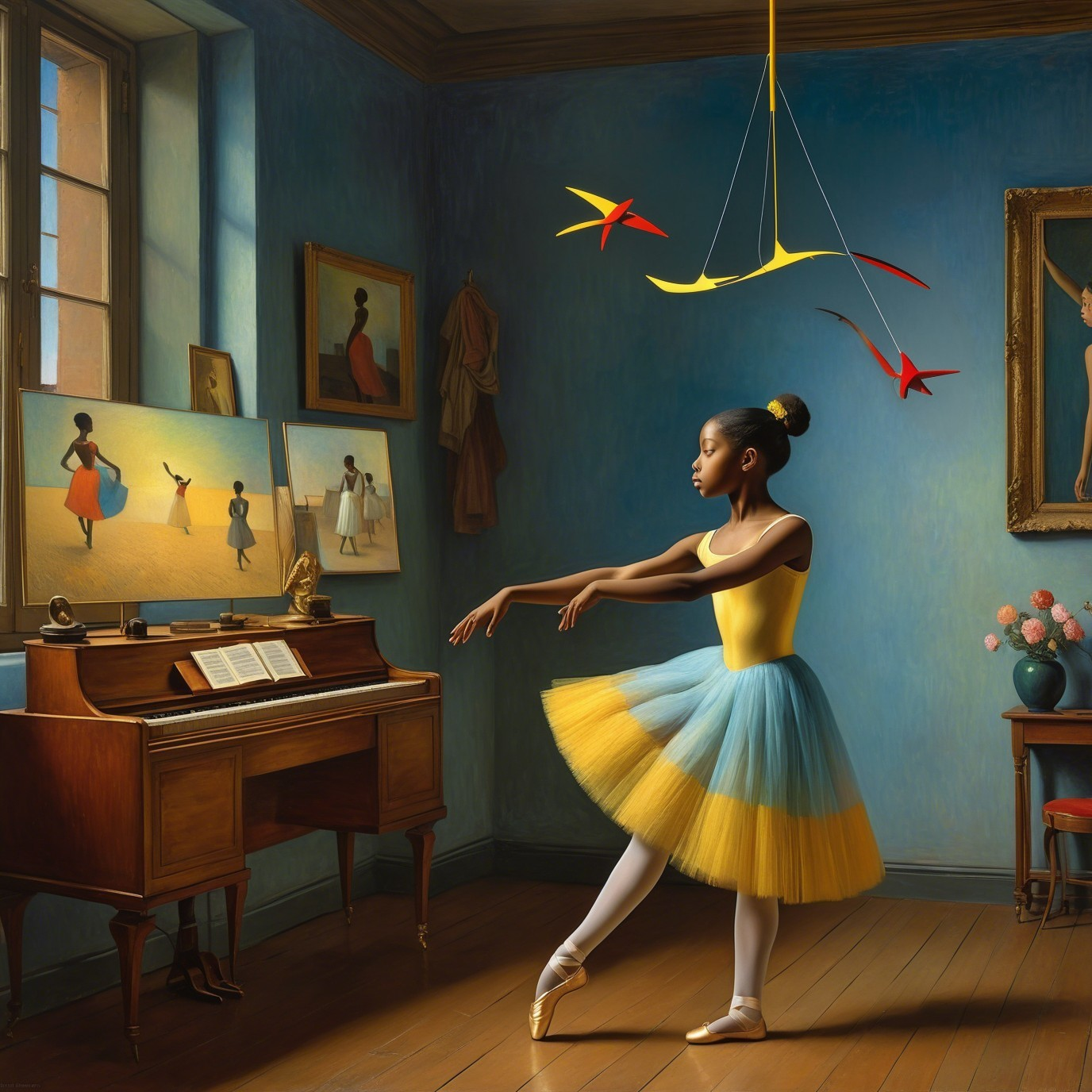 Ballet Dancer in Yellow and Blue Tutu in Sunlit Room