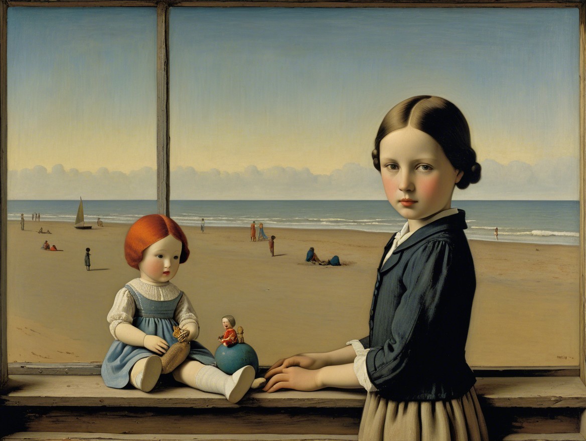Young girl by window with doll and beach scene