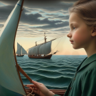 Child Observing Ships on Calm Waters at Dusk