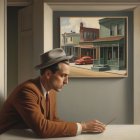 Well-Dressed Man Studying Blueprint with Artwork Background