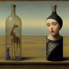 Young girl by window with doll and beach scene