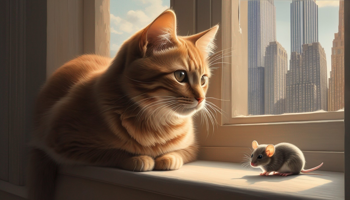 Fluffy Orange Cat Observing Gray Mouse on Windowsill