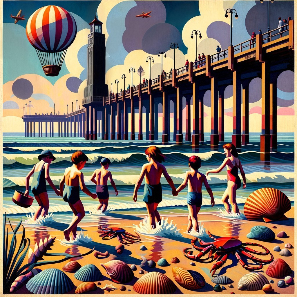 Vibrant Seaside Scene with Pier and Hot Air Balloons