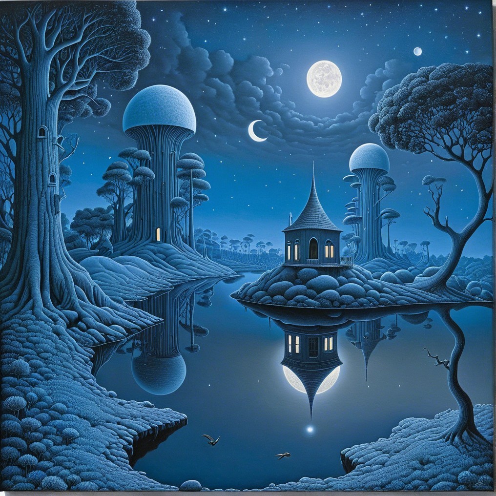 Surreal Moonlit Landscape with Blue Trees and Gazebo