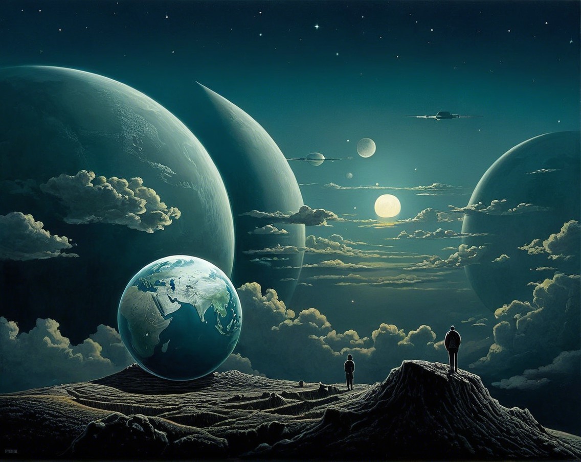 Surreal Cosmic Landscape with Figures and Celestial Bodies
