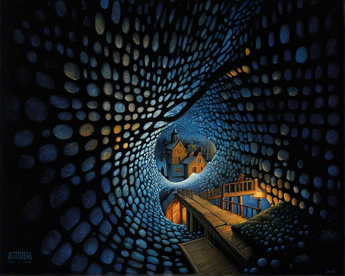 Surreal Landscape with Tunnel and Quaint Village