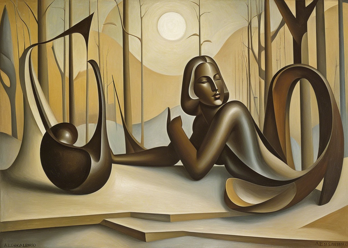 Stylized Human Figure in Serene Landscape Artwork