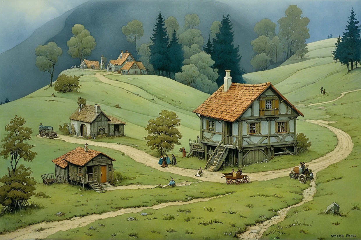 Charming Countryside Scene with Rolling Hills and Houses