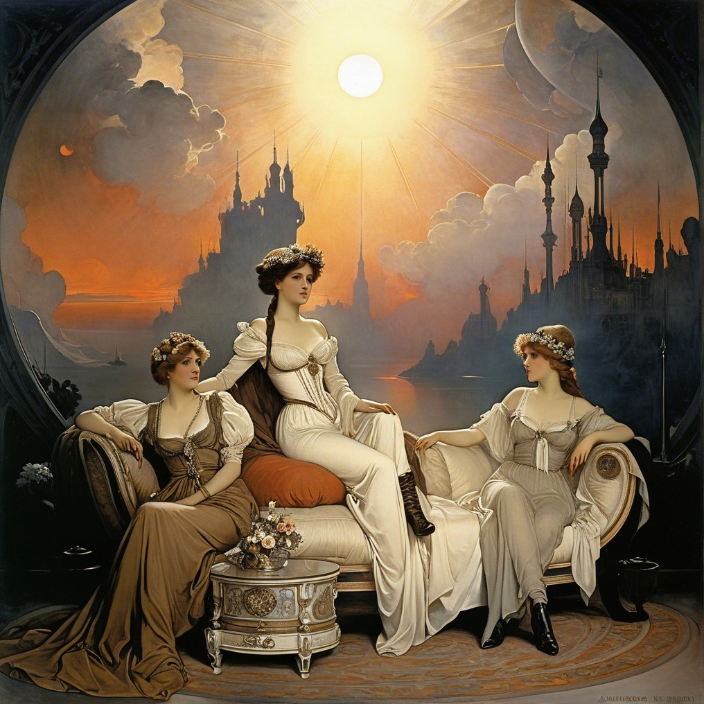Elegant Women in Ornate Setting with Floral Headpieces
