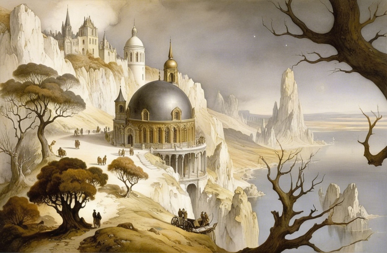 Otherworldly landscape with domed building and cliffs