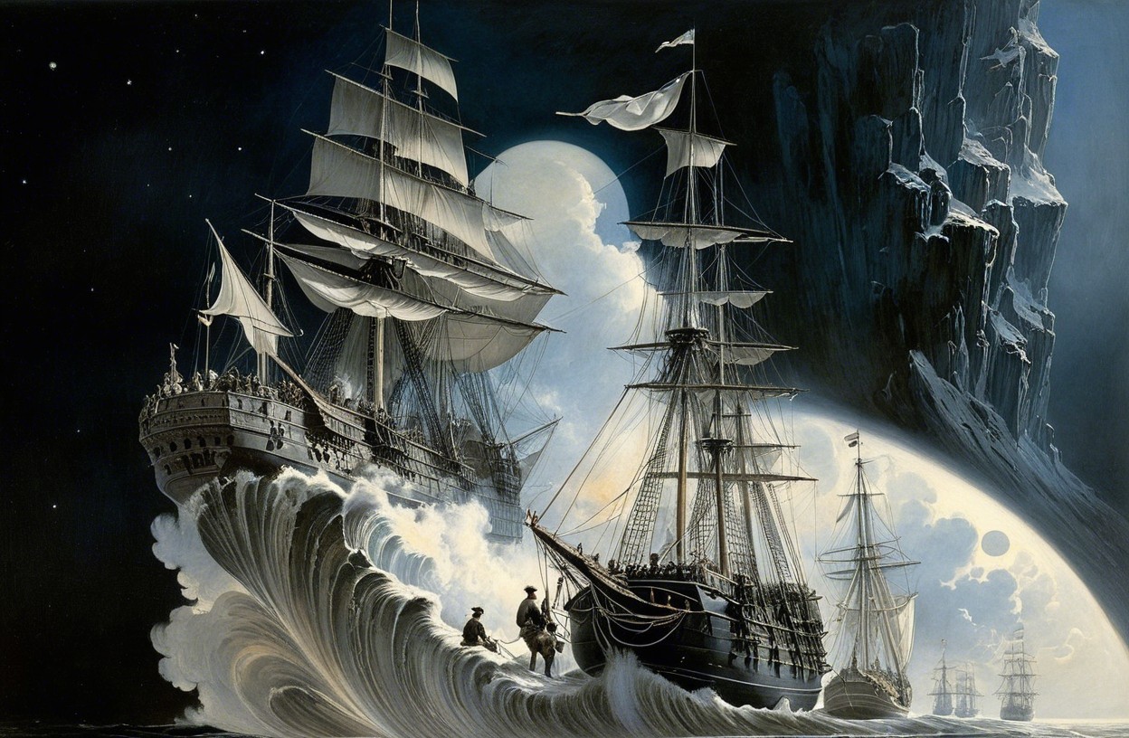 Dramatic Seascape with Tall Ships and Moonlit Sky