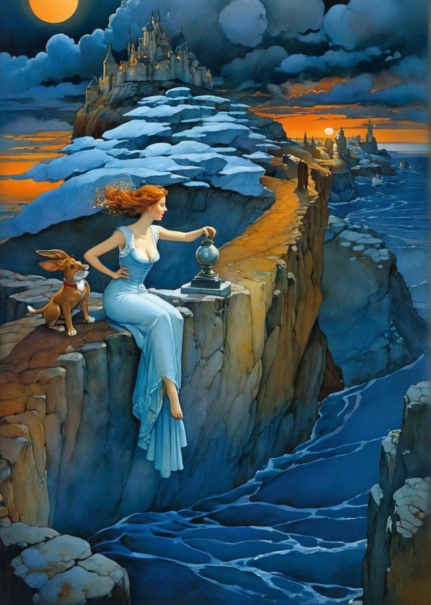 Twilight Scene with Woman, Dog, Castle, and Moon