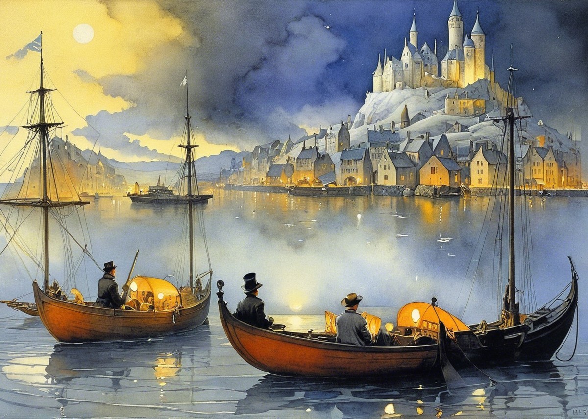 Tranquil Evening Scene with Boats and Castle Reflection