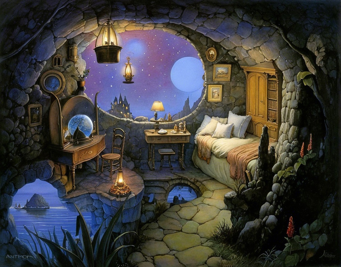 Cozy Stone Room with Lantern Light and Nature Views