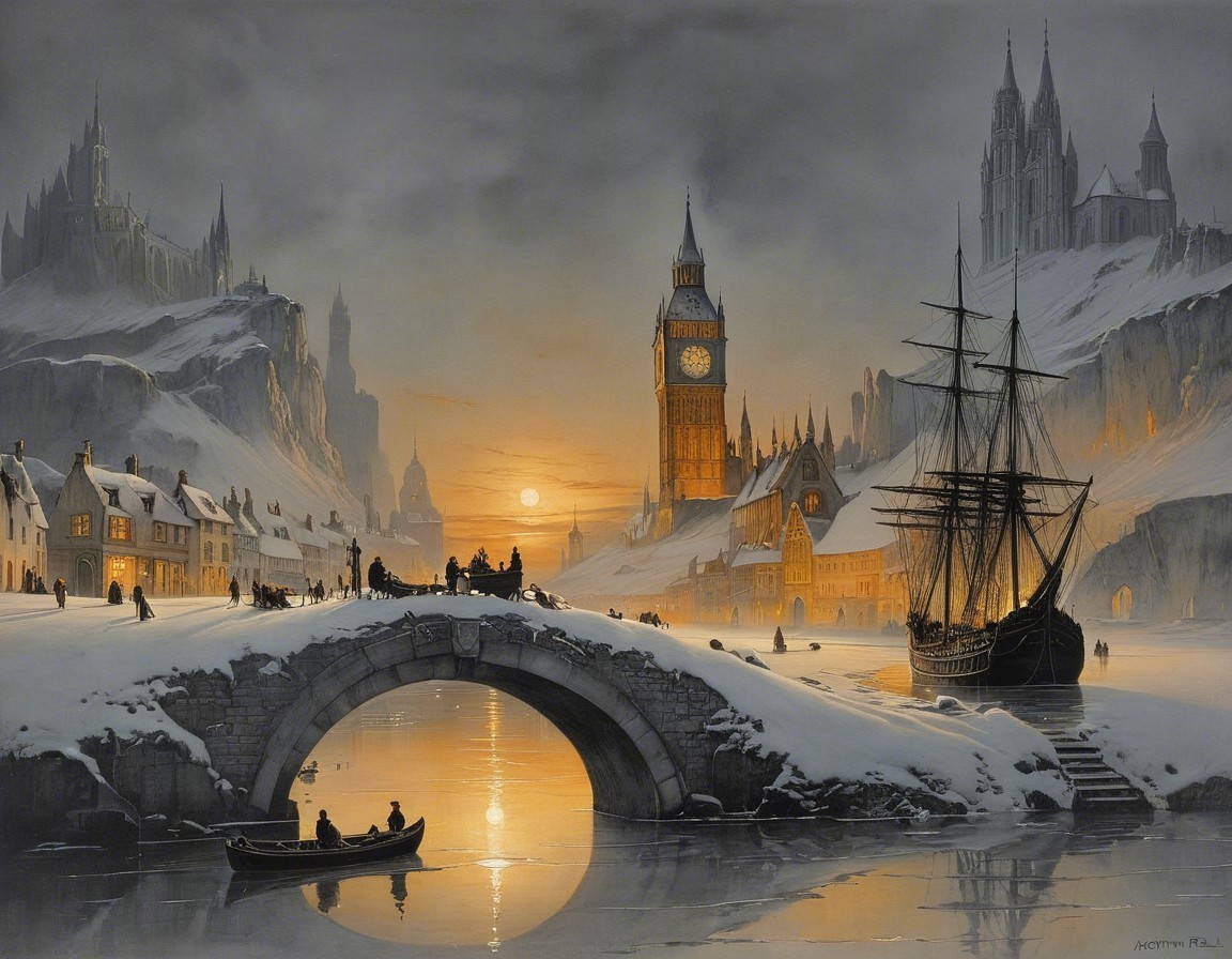 Winter Landscape with Bridge and Clock Tower