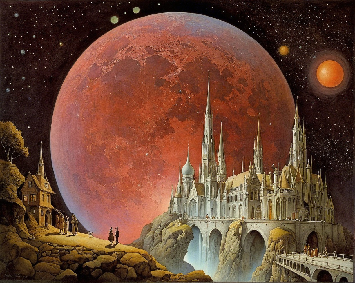 Surreal Fantasy Scene with Planet and Cottage Landscape