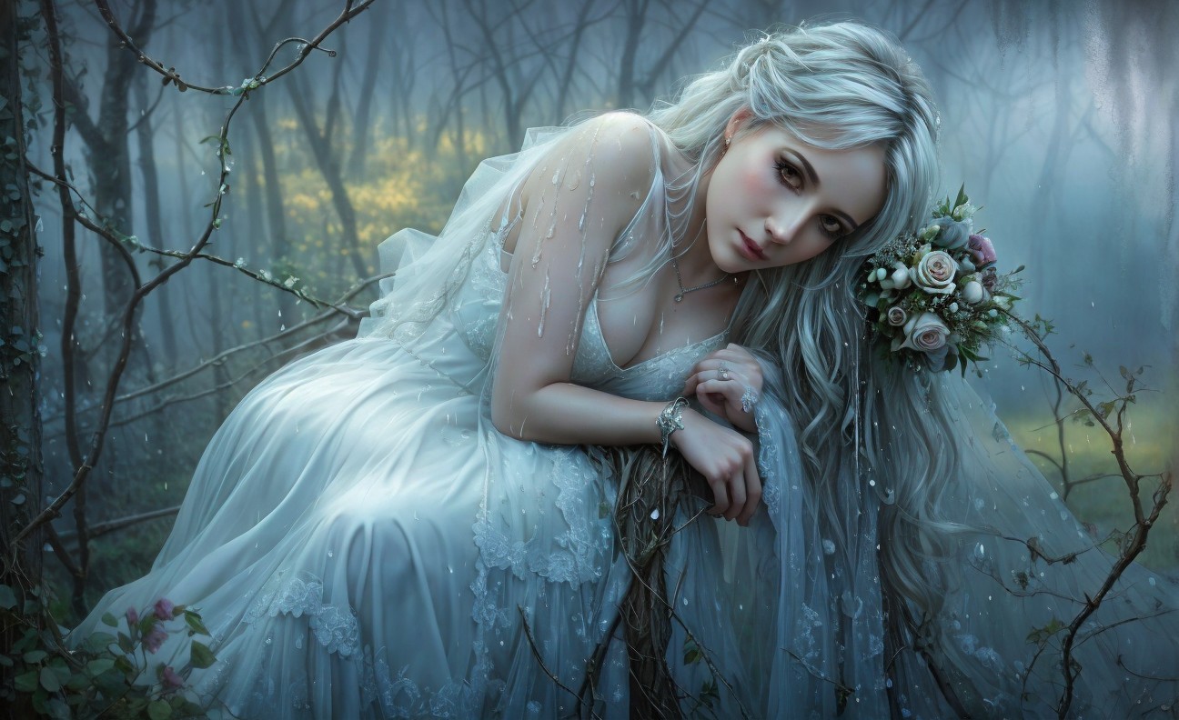 Bride in White Gown Surrounded by Misty Woods