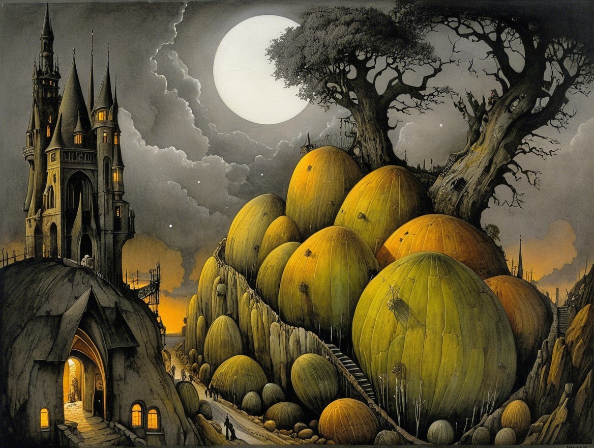 Surreal Landscape with Dark Castle and Moonlit Sky