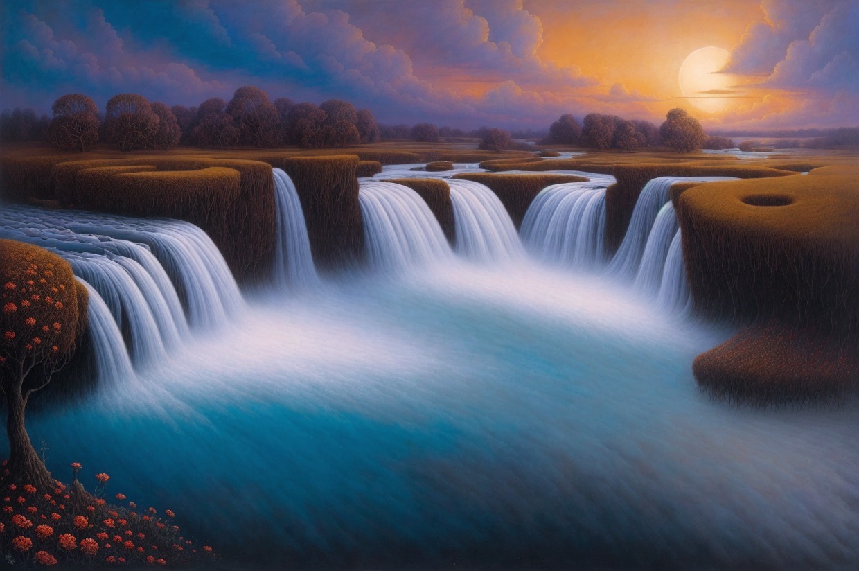 Cascading Waterfalls in a Serene Sunset Landscape