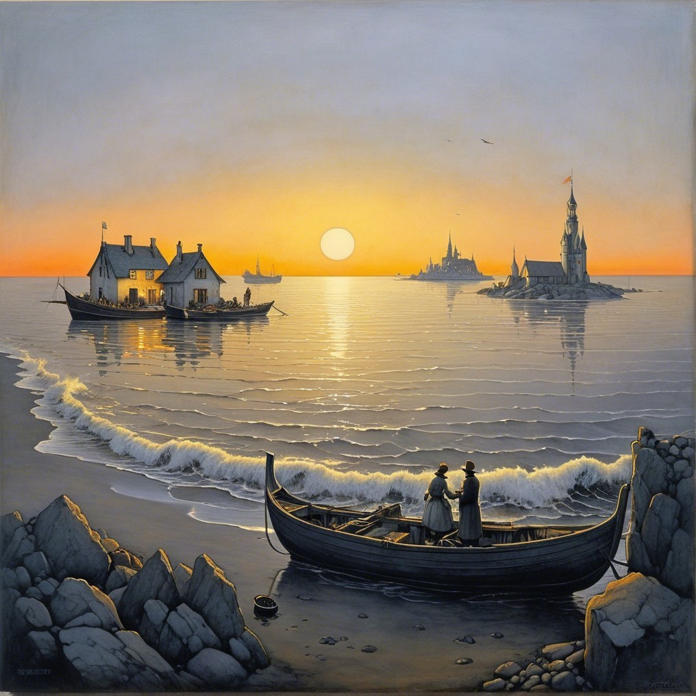 Serene Sunset Over Tranquil Seascape with Boats