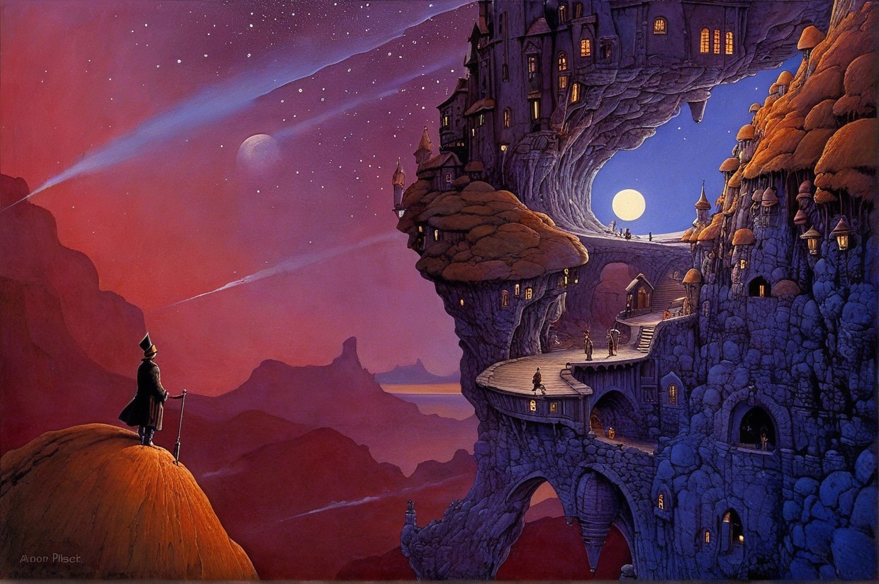 Twilight Landscape with Castle and Cloaked Figure