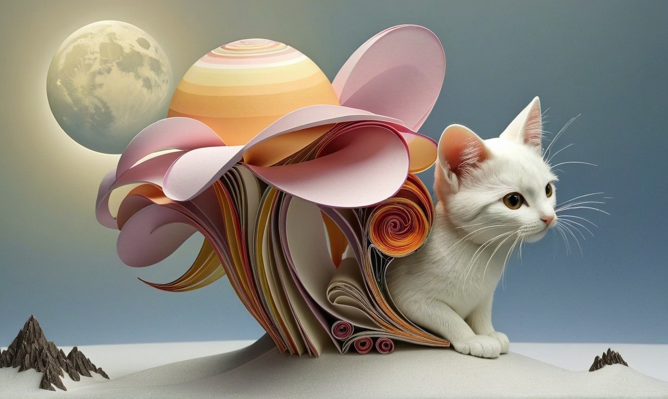 Whimsical Scene of Cat and Colorful Paper Flower