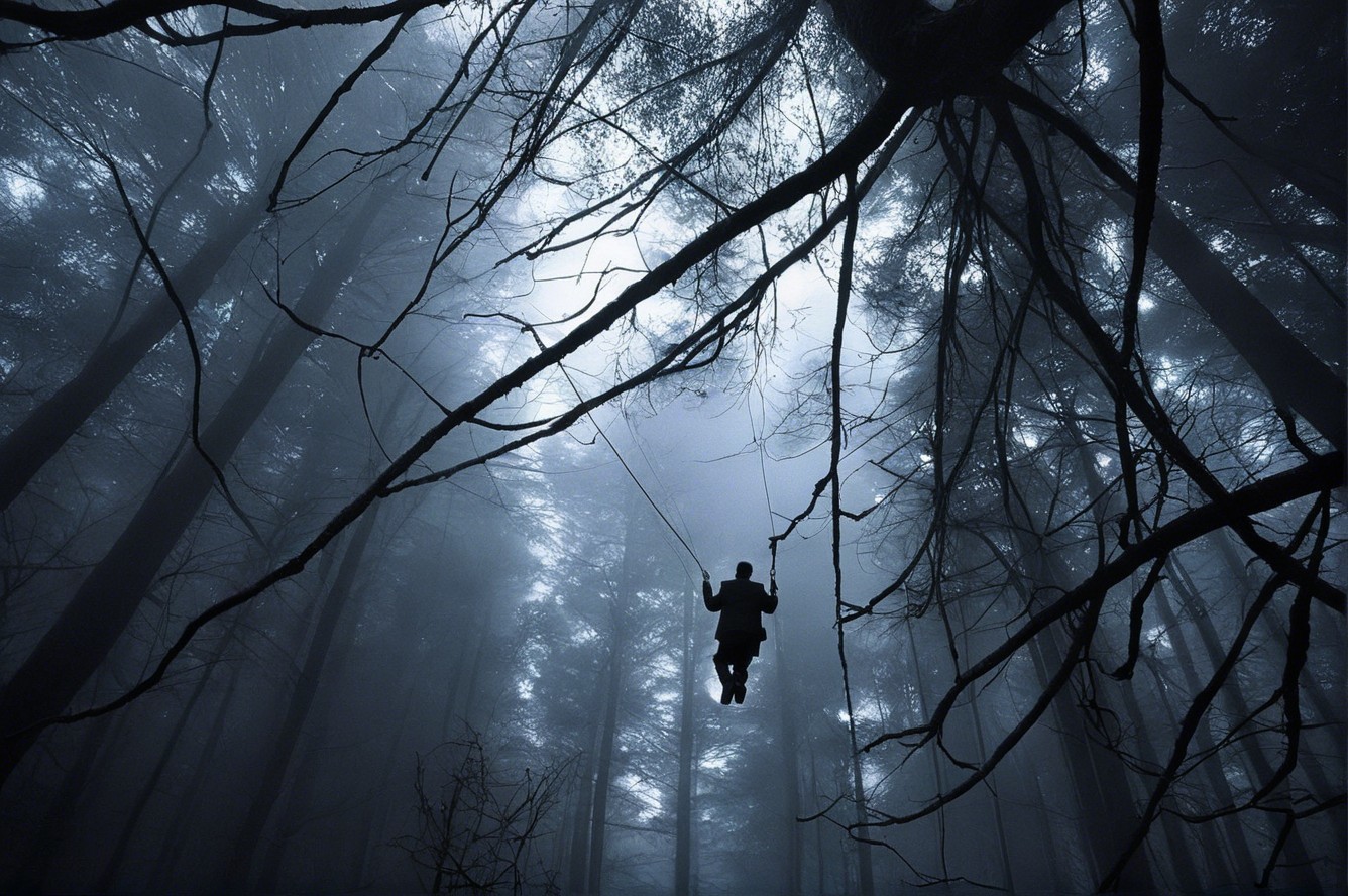 Silhouetted figure on swing in foggy forest setting