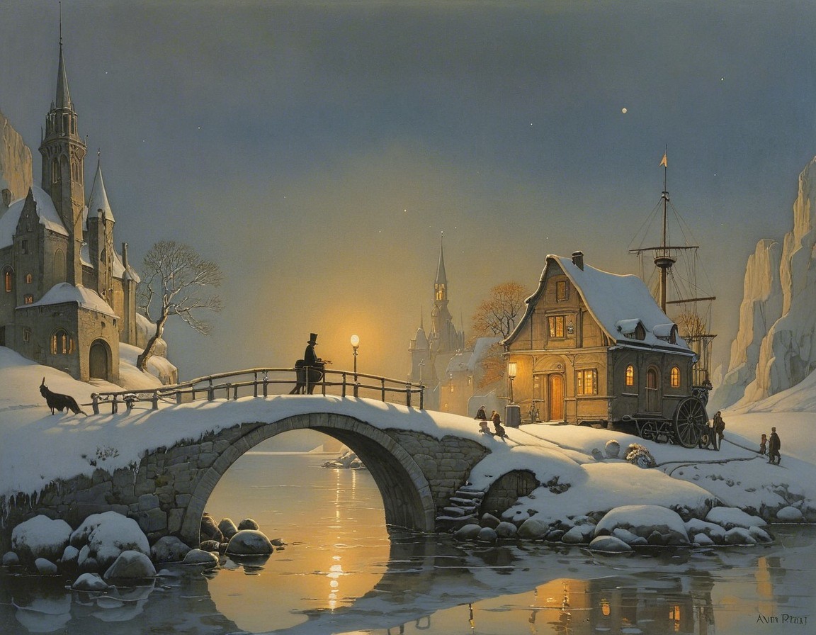 Serene Winter Village Scene Under Twilight Sky