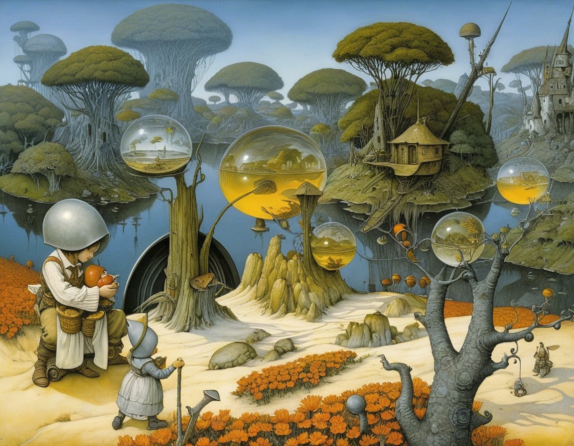 Surreal Landscape with Traveler and Miniature Worlds