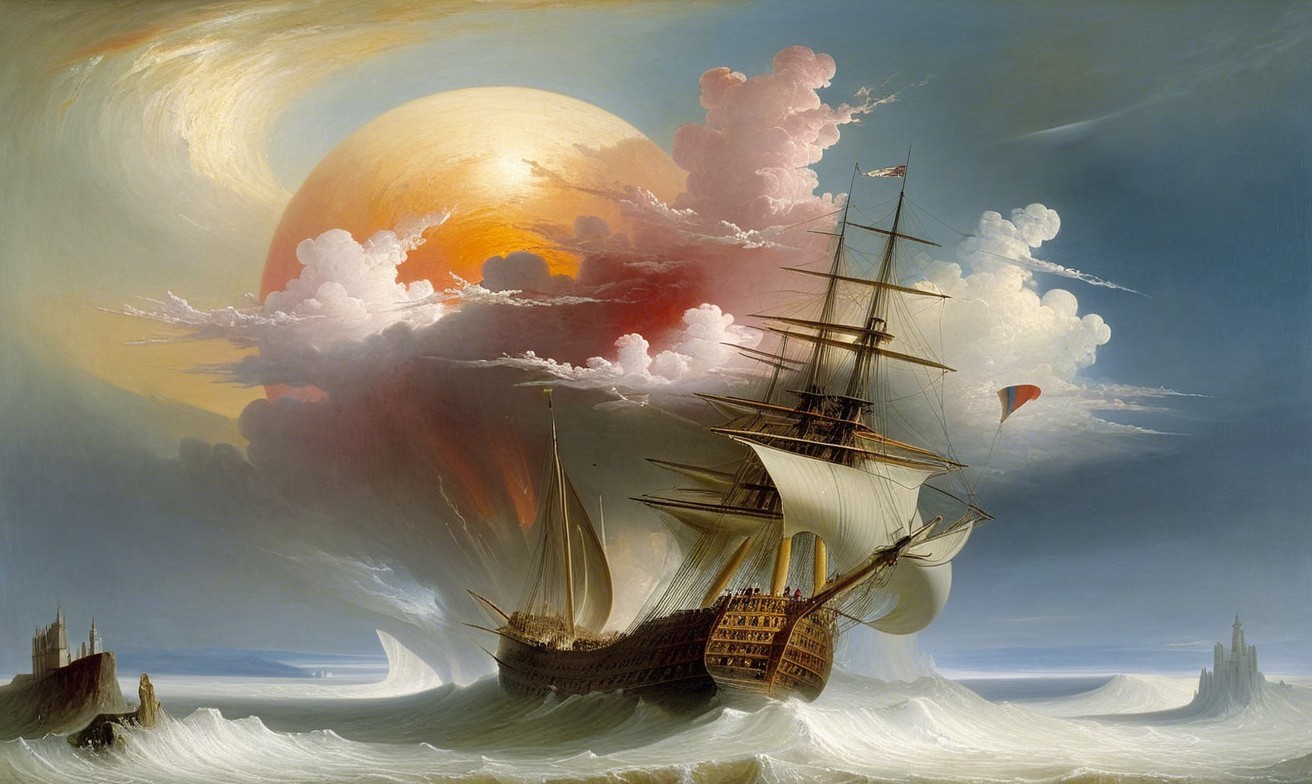 Grand Ship Navigating Turbulent Waves Under Dramatic Sky