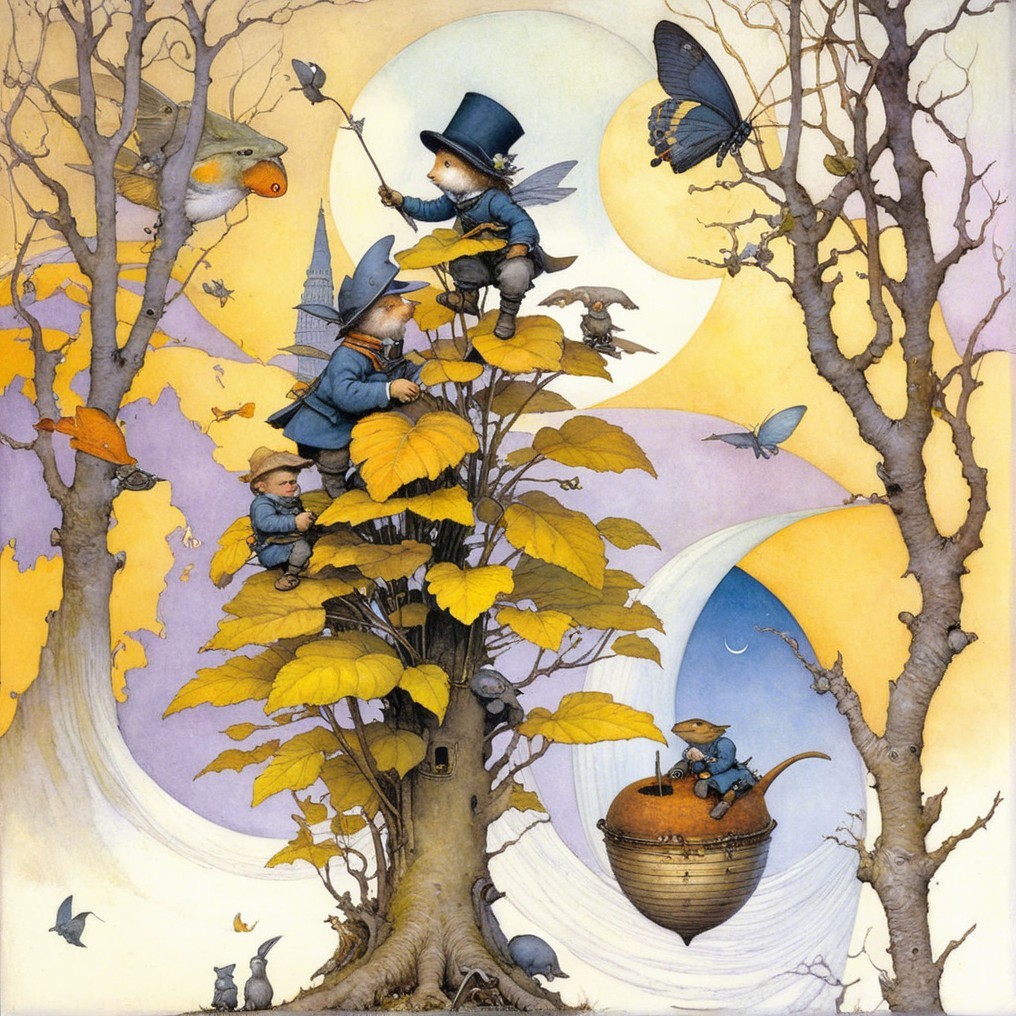 Whimsical Creatures Climbing a Vibrant Yellow Tree