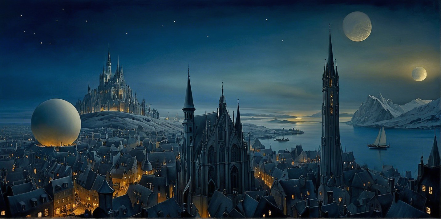 Twilight Cityscape with Mystical Castle and Stars