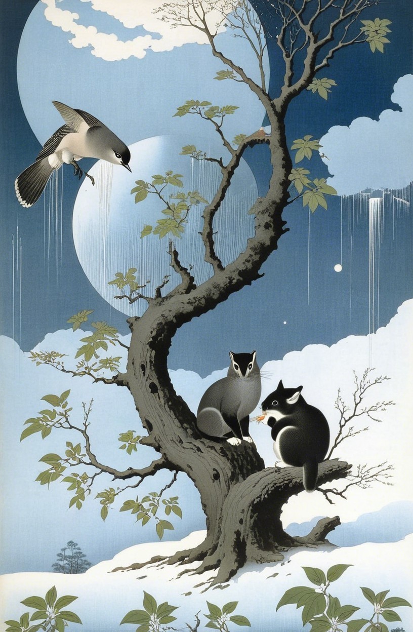 Twisted Tree Night Scene with Animals and Moonlight