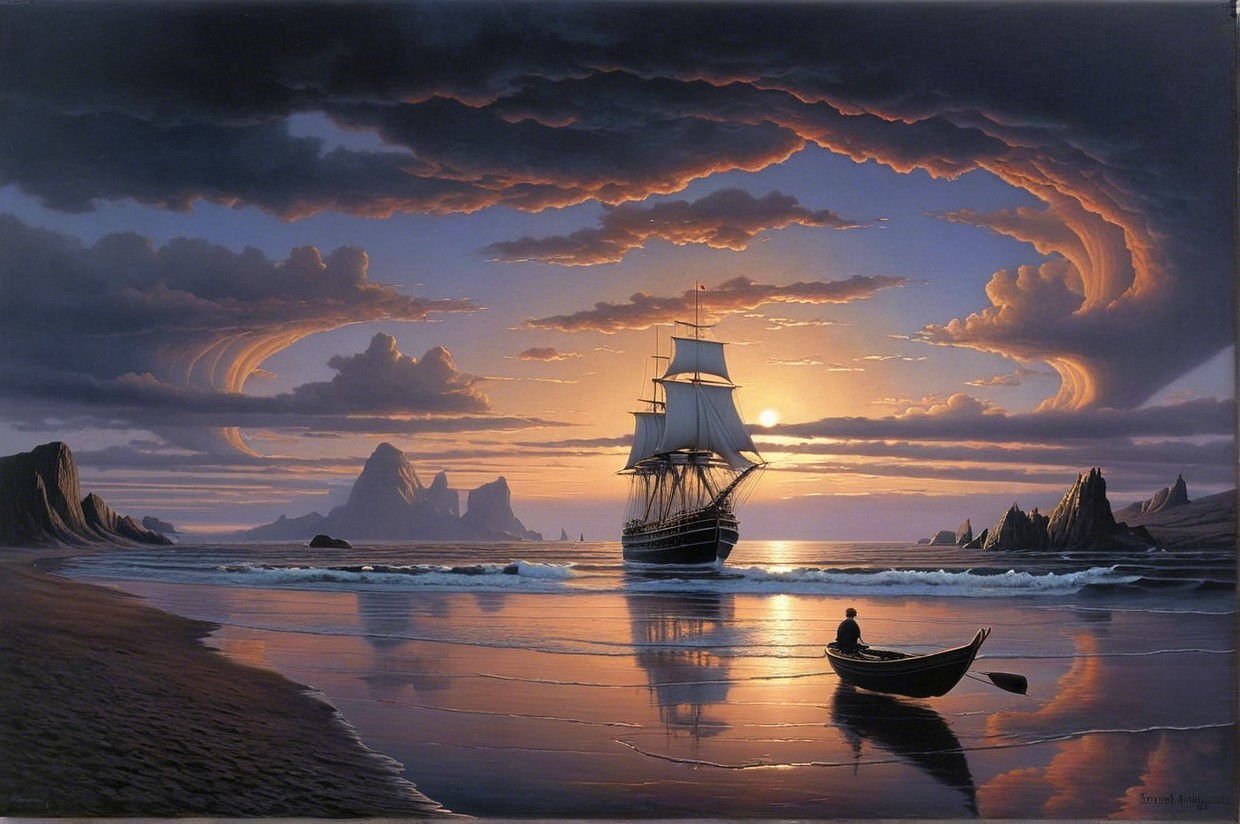 Majestic ship on calm sea at sunset with clouds