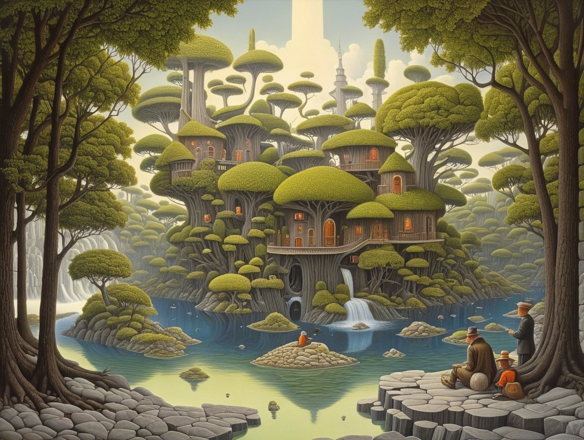 Whimsical Tree-House Landscape with Waterfall and Lake