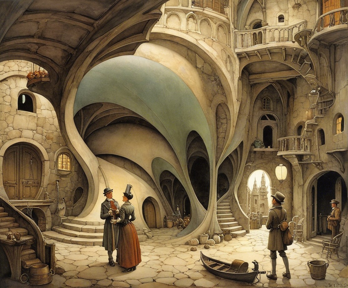 Fantastical Architecture with Elegant Figures in Conversation