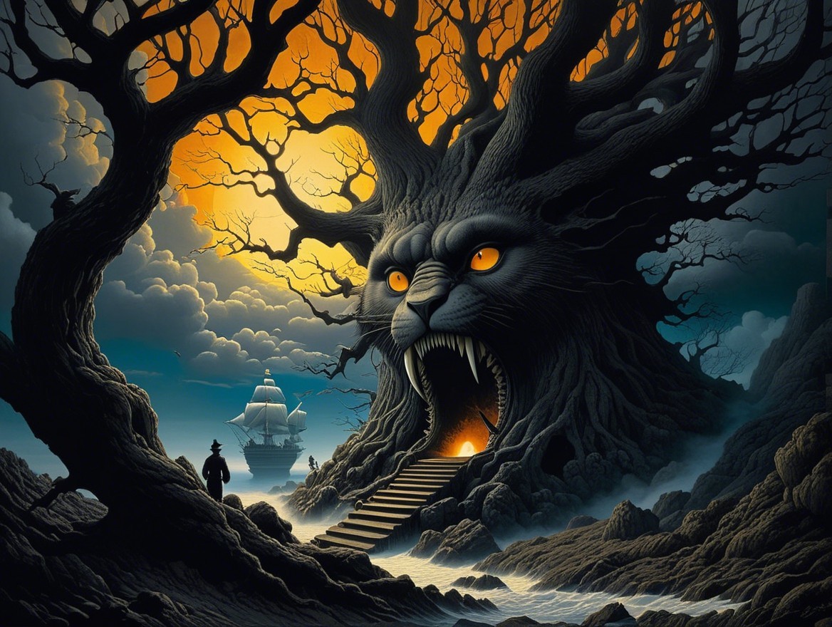 Surreal Landscape with Colossal Tree and Cat's Face