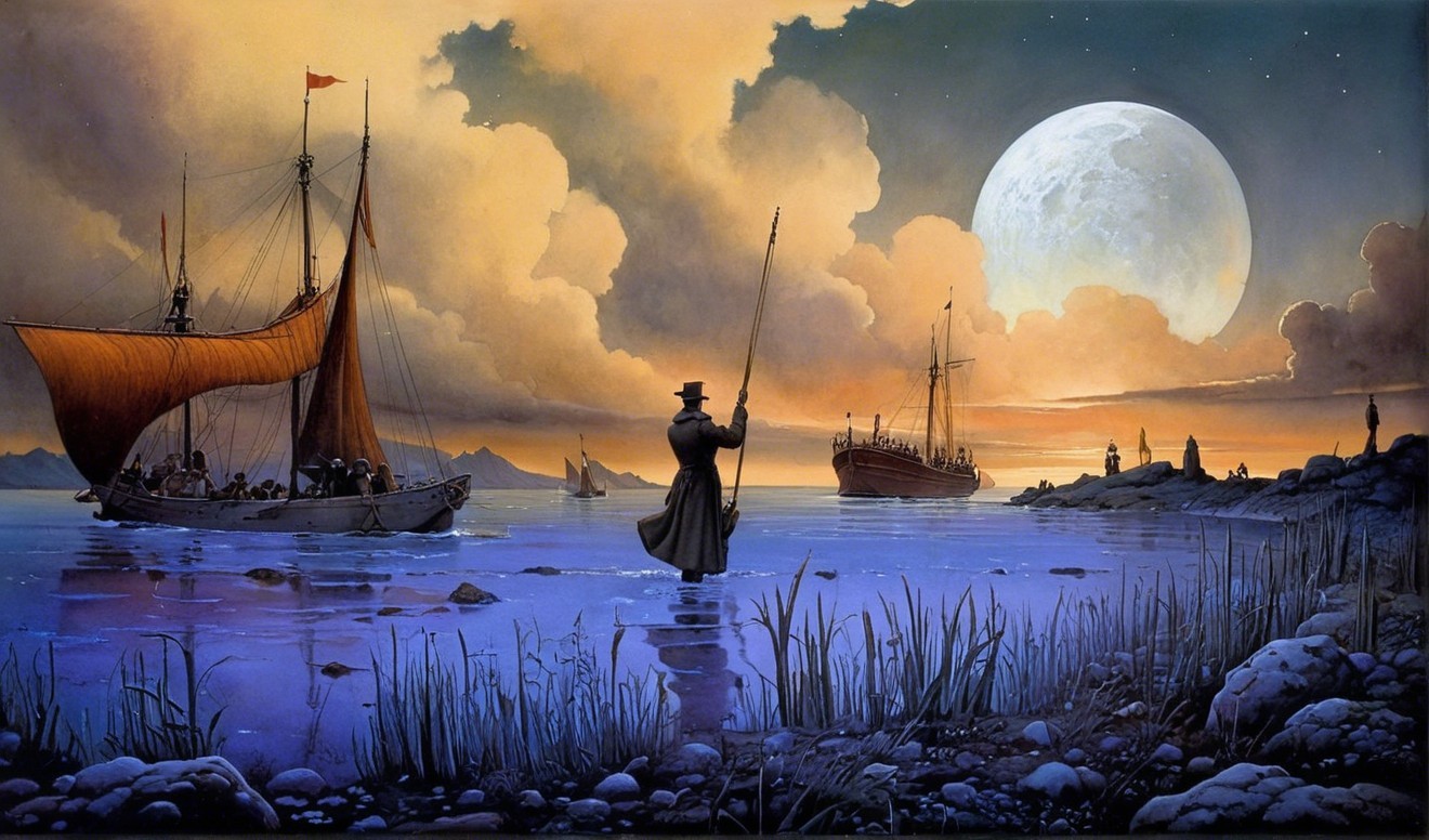 Twilight Scene of Fisherman and Sailing Ships Under Moon
