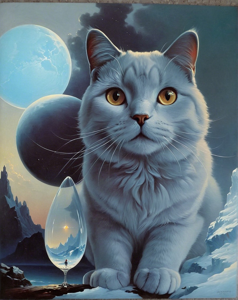 Majestic white cat with golden eyes in cosmic scene
