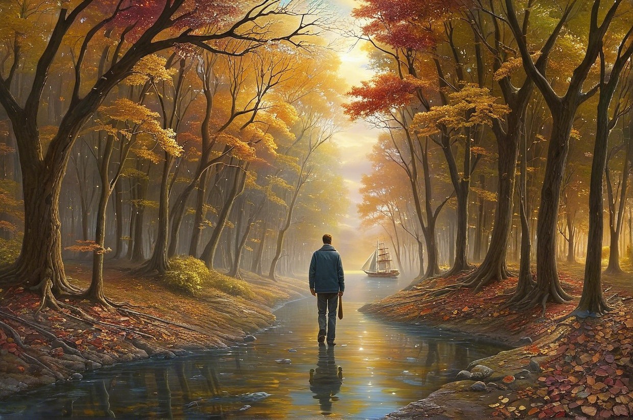 Autumn Landscape with Riverbank and Sailboat