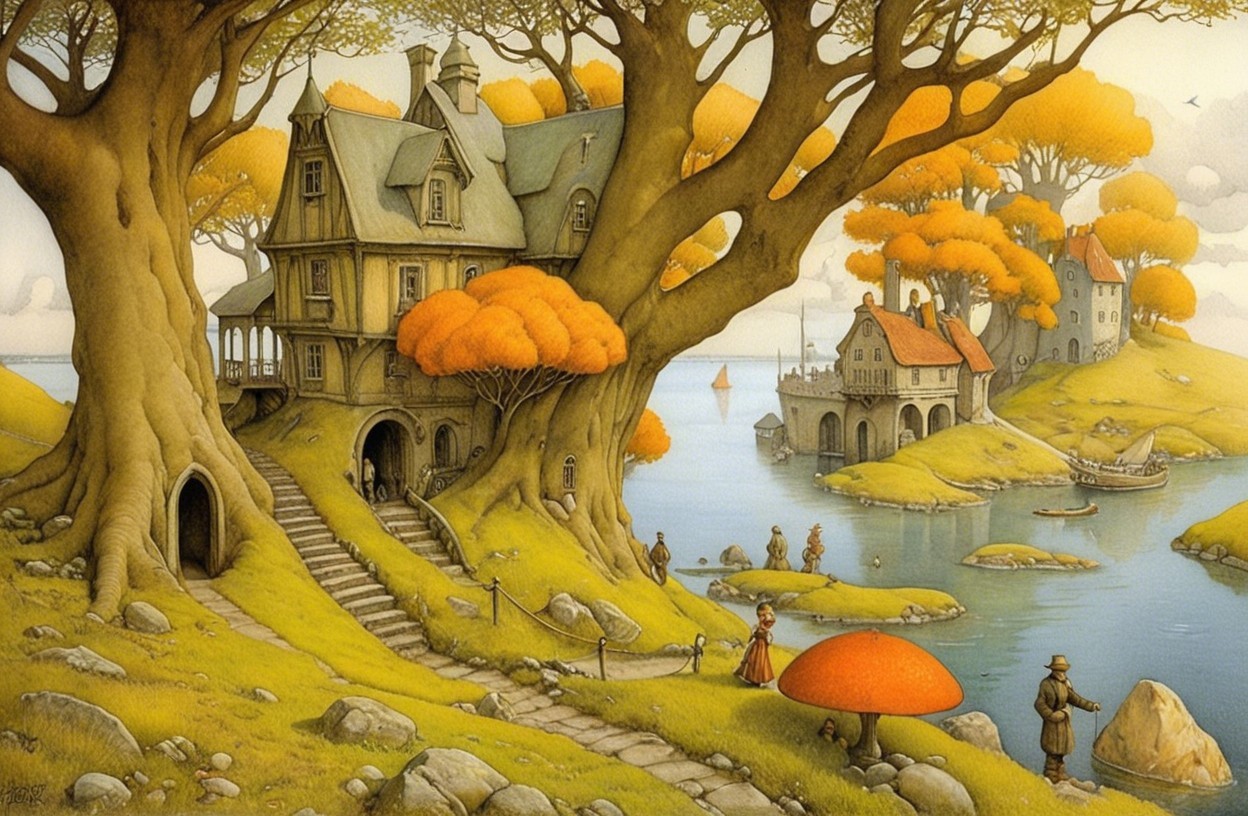 Whimsical Landscape with Idyllic Tree and River
