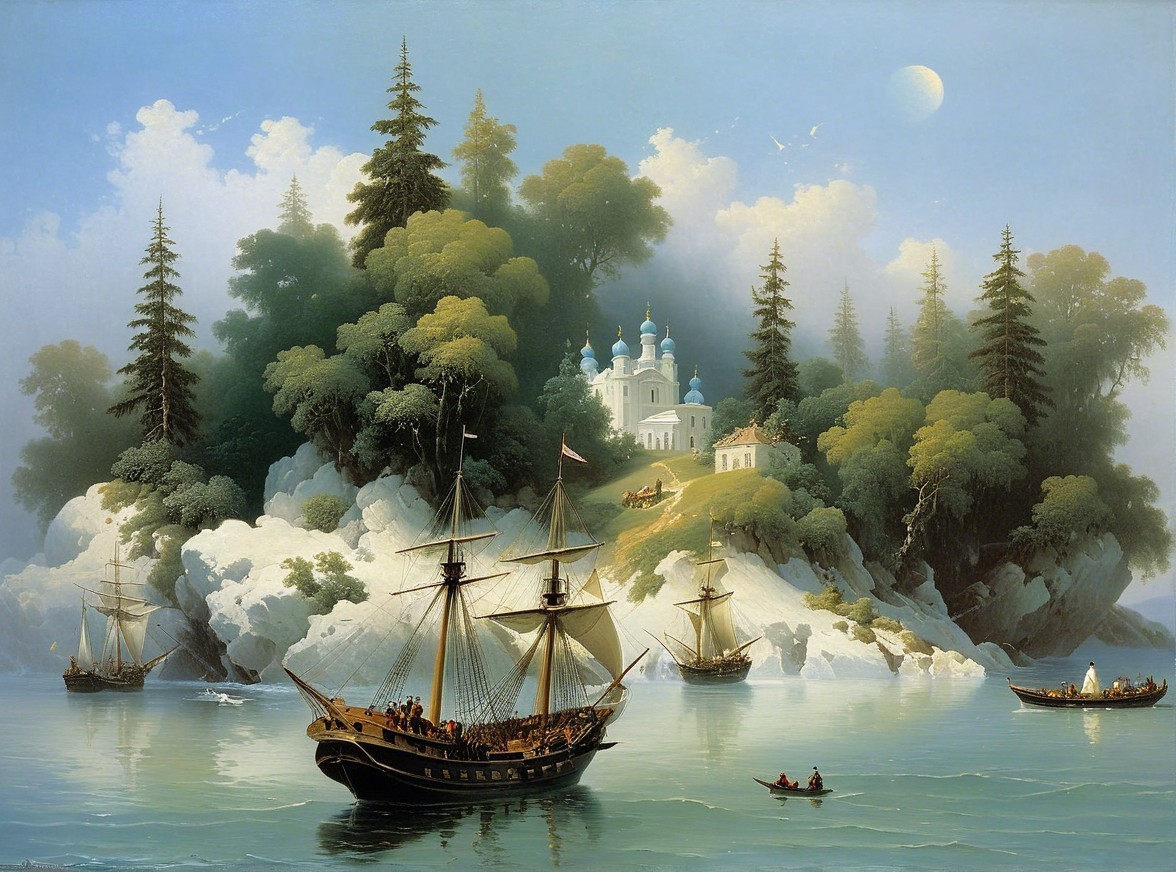 Tranquil Bay Landscape with Sailing Ships and Church