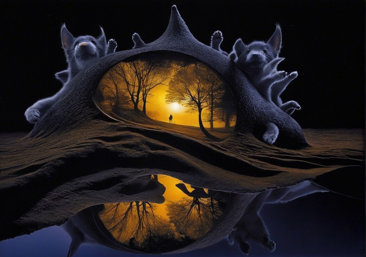 Surreal landscape with creatures and serene sunset scene