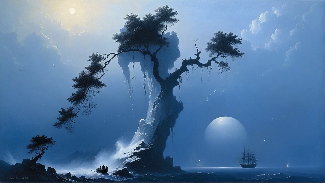 Twilight Scene with Gnarled Tree and Glowing Planet